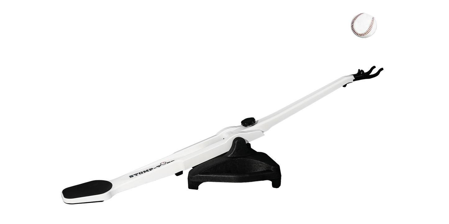 Stomp-Toss baseball trainer device, used for propelling a baseball upward by stepping on the foot end.