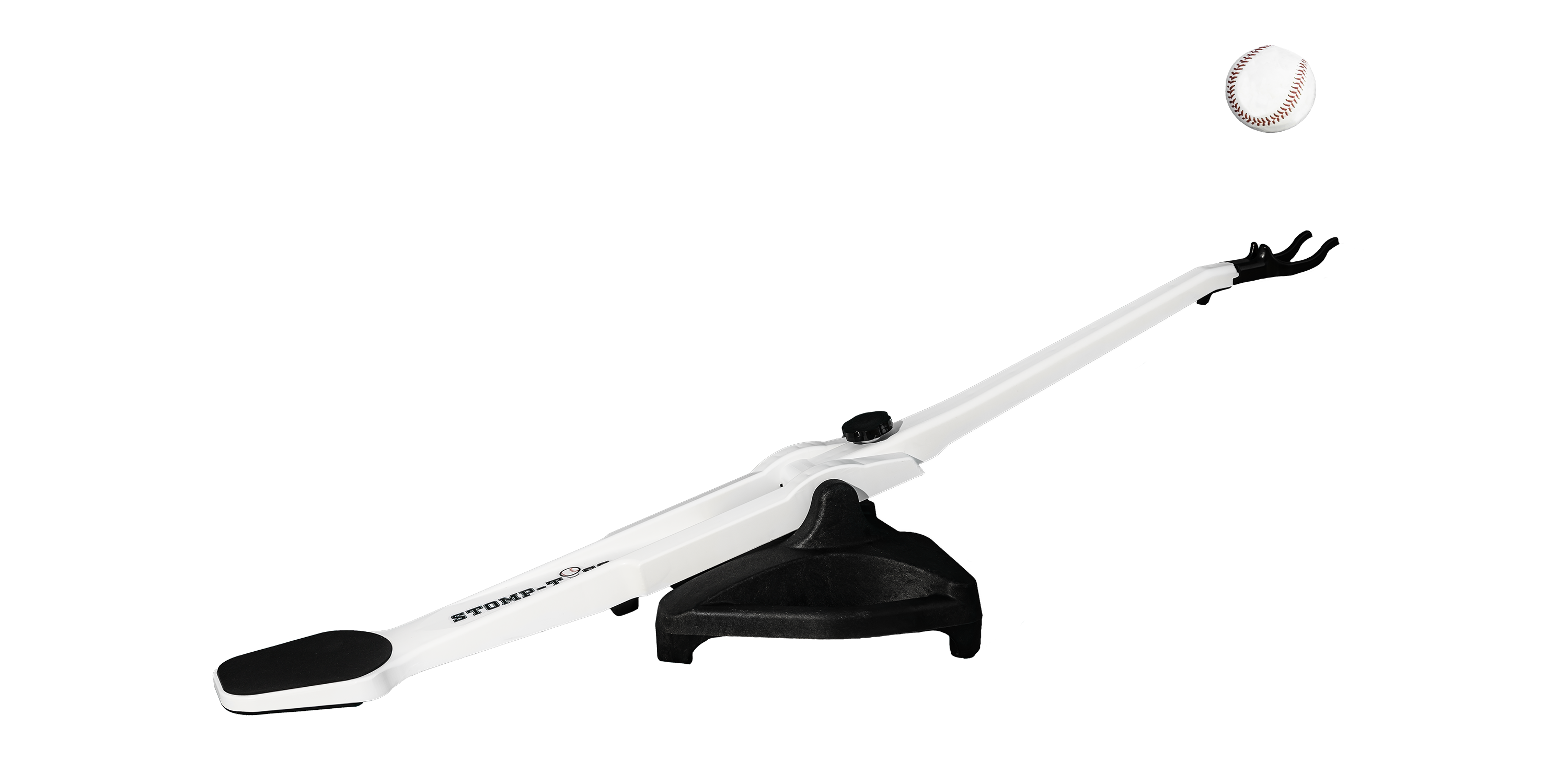 Stomp-Toss baseball trainer device, used for propelling a baseball upward by stepping on the foot end.